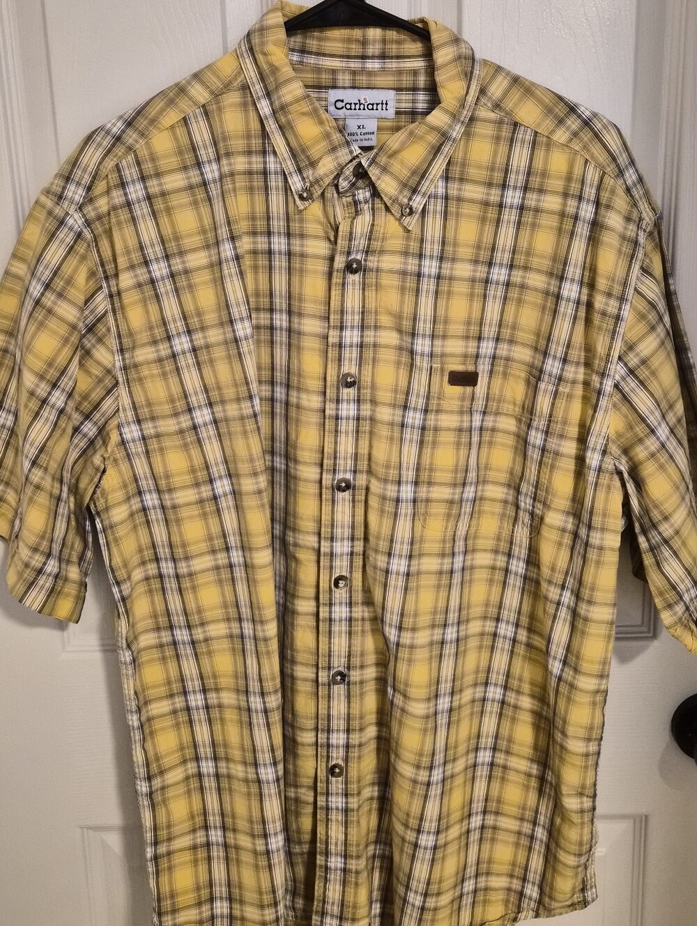 Carhartt Yellow and Black Plaid Short-Sleeve Button-Down Shirt 100% Cotton